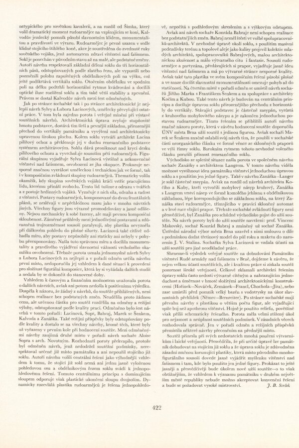 J. B. Svrček, Výsledek soutěže na památník osvobození v Brně, Výtvarné umění III, 1953, č. 4, s. 422.